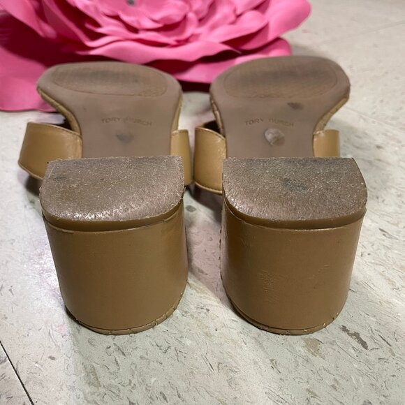 TORY BURCH Beige Nude Quilted Thong Mule Sandals Block Heel *RARE - Picture 11 of 14